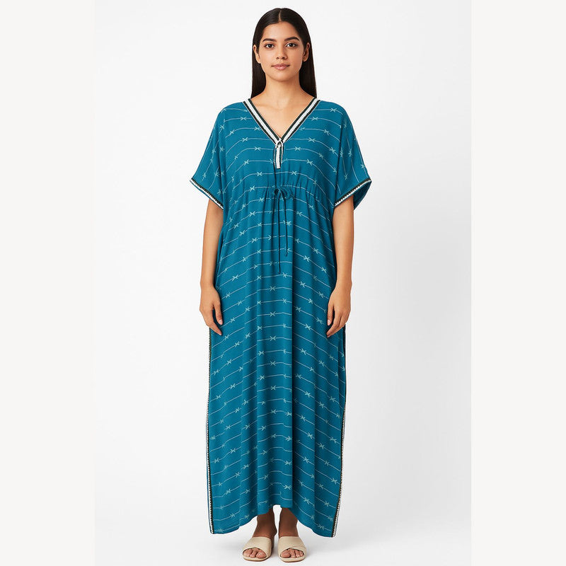 Spenca Rayon Cotton Printed Kaftan Nighty Gown Sea-Green