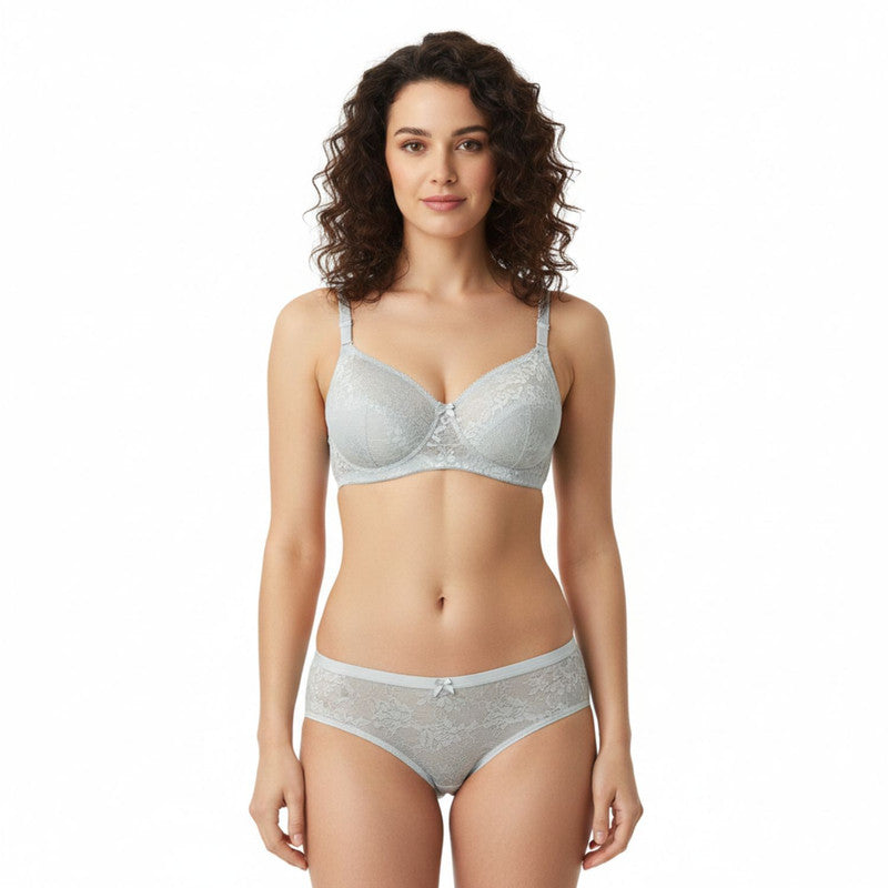 College Girl Neted “B” Cup Light Padded Non Wired Bra & Mid Rise Brief Lingerie Set Assorted Colors