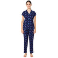 Spenca Cotton Women Printed Front Open Night Suit Free Size Navy