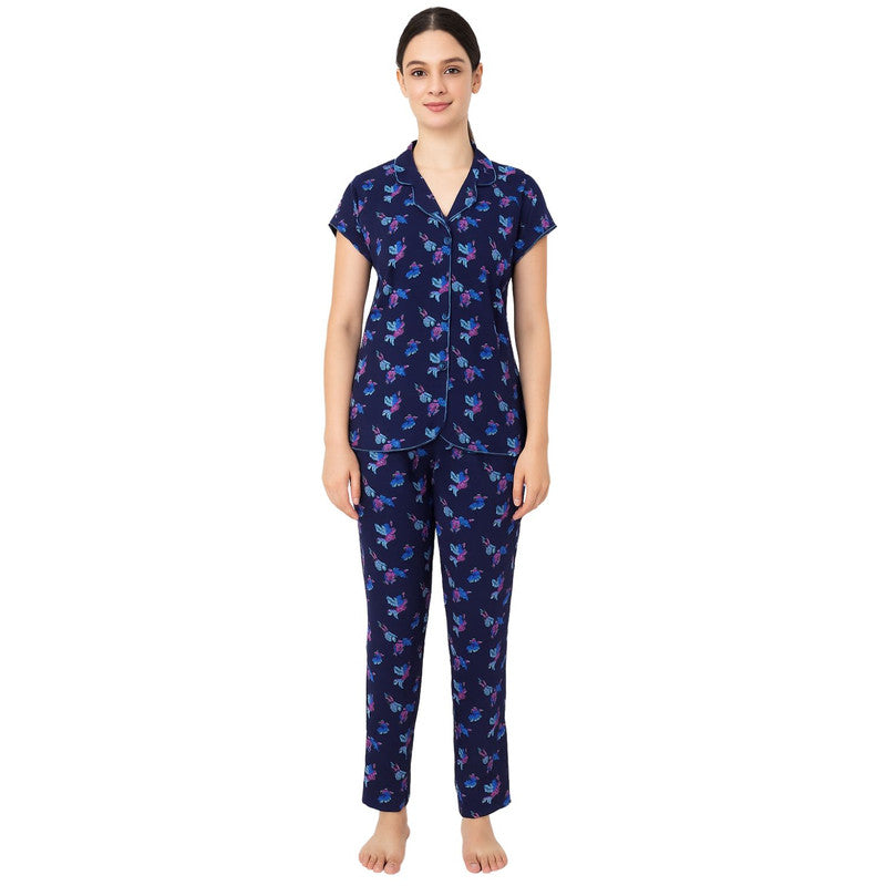 Spenca Cotton Women Printed Front Open Night Suit Free Size Navy