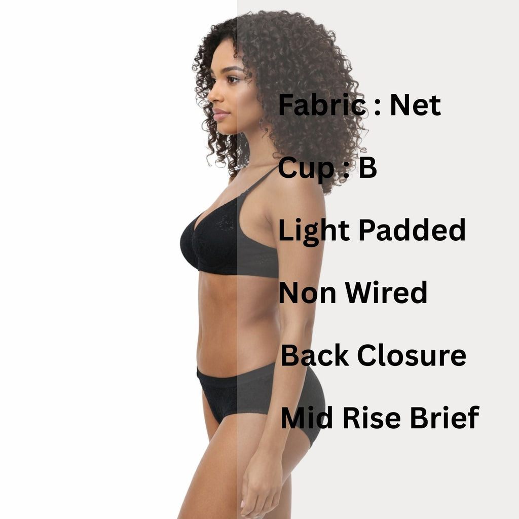 College Girl Neted “B” Cup Light Padded Non Wired Bra & Mid Rise Brief Lingerie Set Assorted Colors