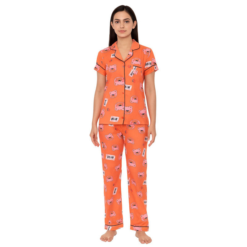 Spenca Rayon Women Front Open Night Suit Orange