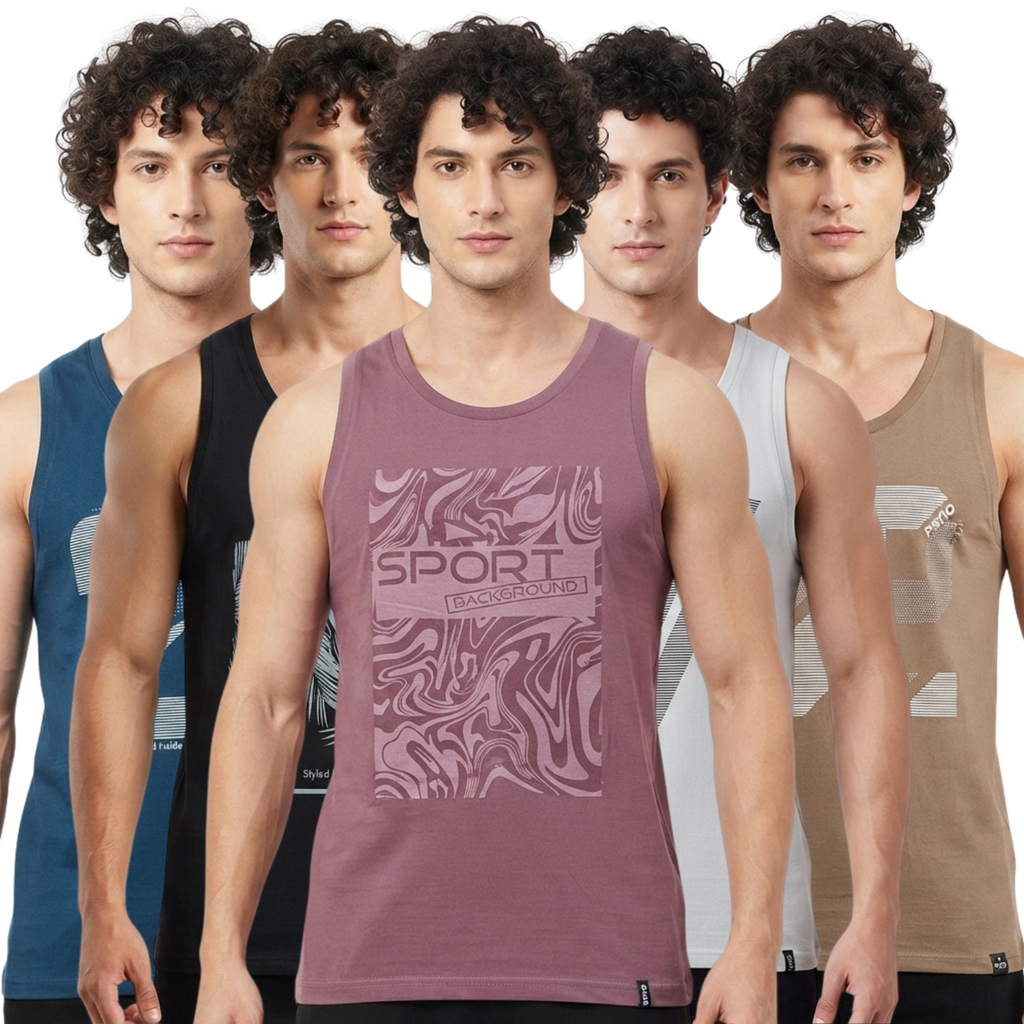 Patio Hosiery Cotton Front Open Printed Urban Vest Pack Of 5 Assorted Colors