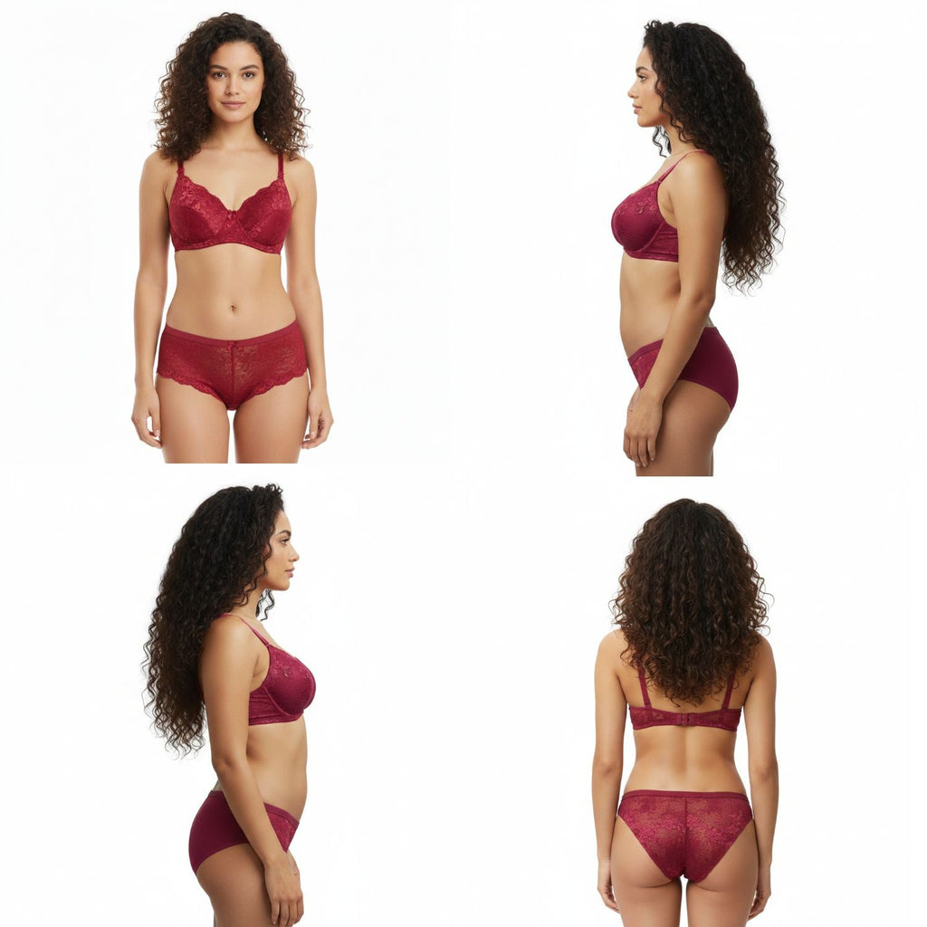 College Girl Neted “B” Cup Light Padded Non Wired Bra & Mid Rise Brief Lingerie Set Assorted Colors