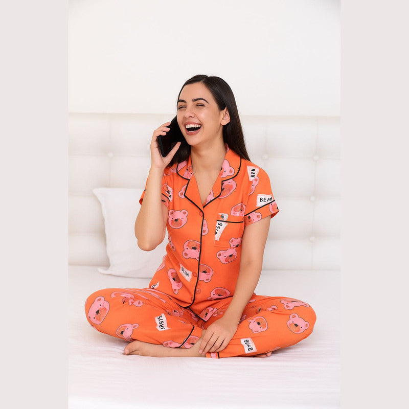 Spenca Rayon Women Front Open Night Suit Orange