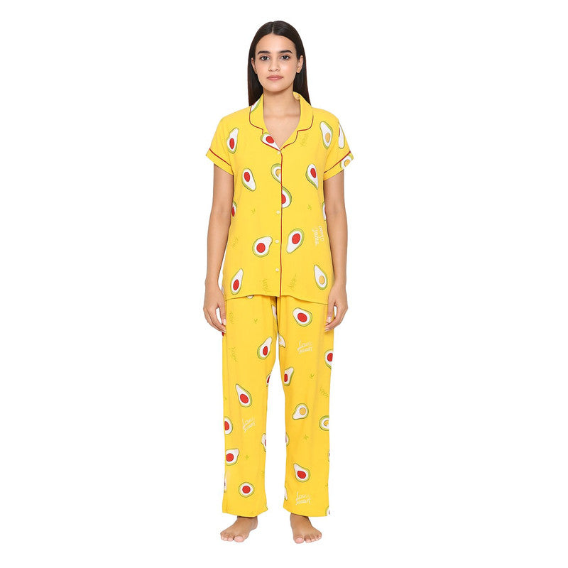 Spenca Rayon Women Front Open Night Suit Yellow