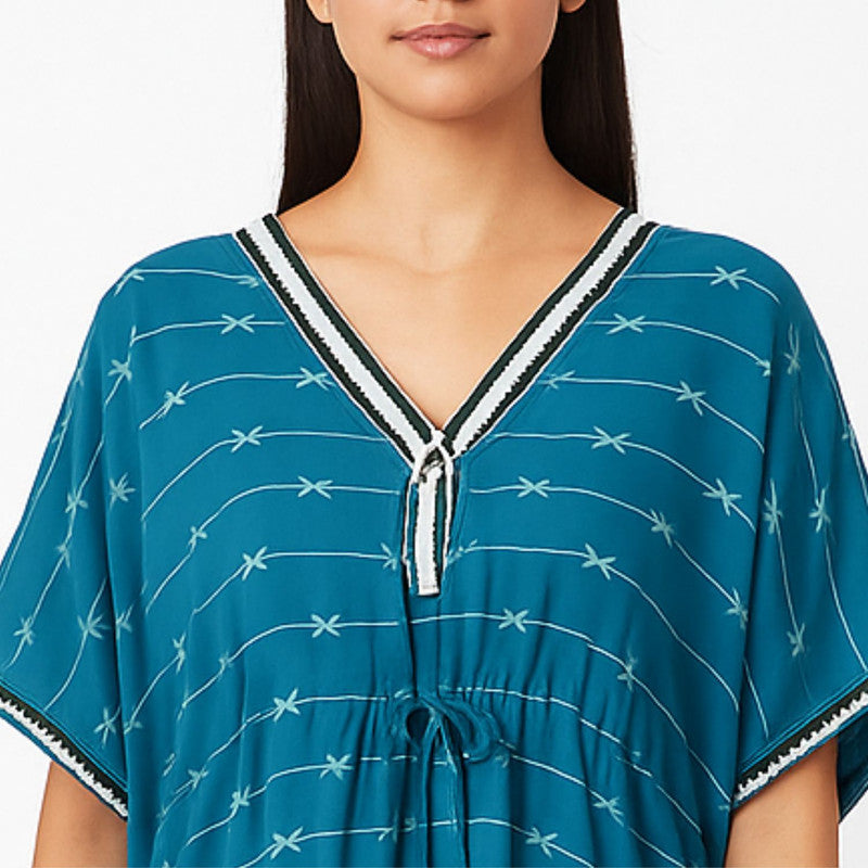 Spenca Rayon Cotton Printed Kaftan Nighty Gown Sea-Green