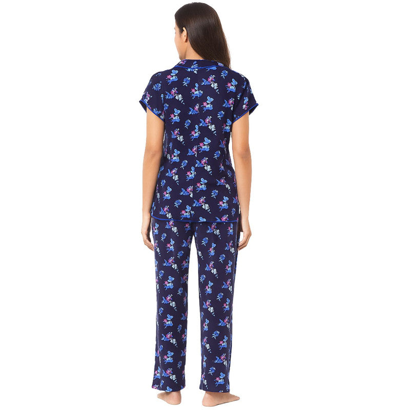 Spenca Cotton Women Printed Front Open Night Suit Free Size Navy