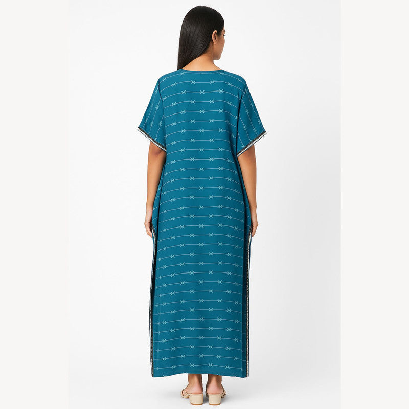 Spenca Rayon Cotton Printed Kaftan Nighty Gown Sea-Green