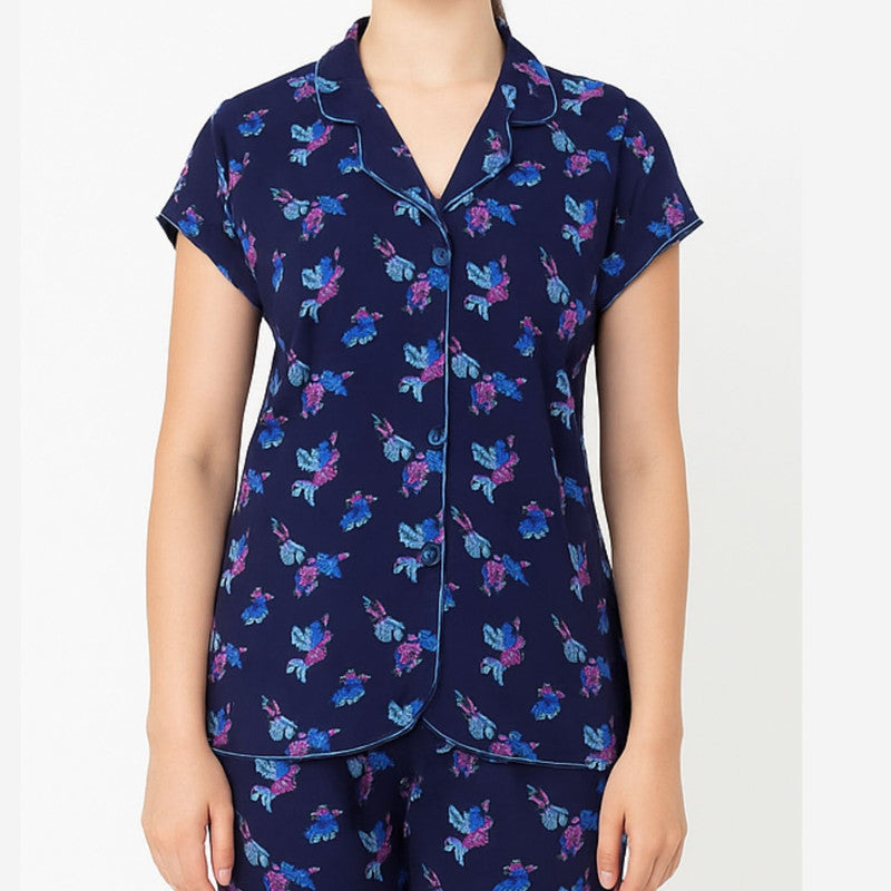 Spenca Cotton Women Printed Front Open Night Suit Free Size Navy