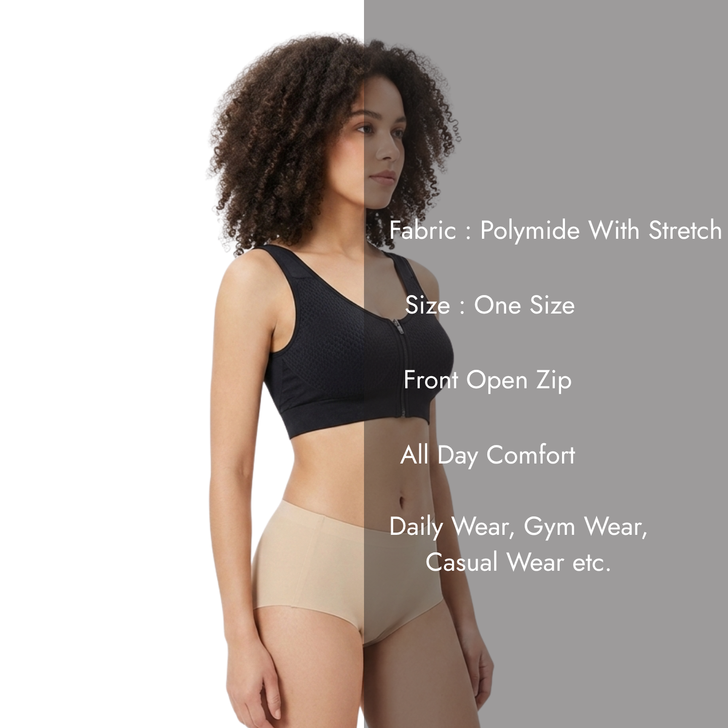 Spenca Stretchable Polymide Zipper Sports Bra / One Size / Assorted Colors