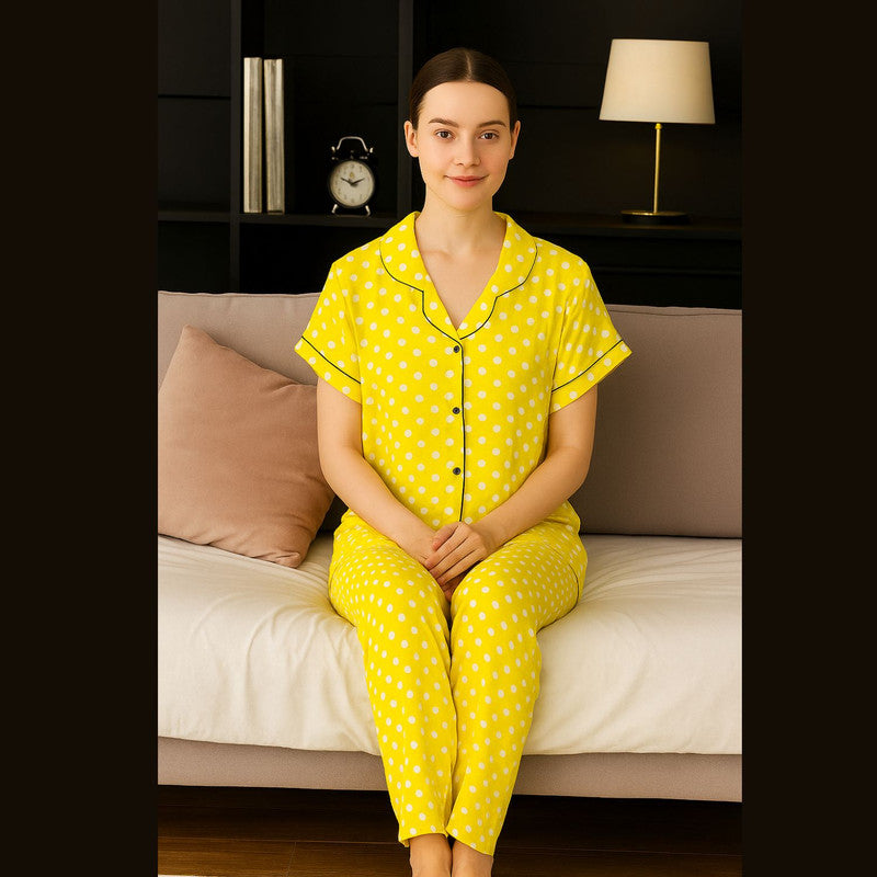 Spenca Rayon Women Front Open Night Suit Yellow
