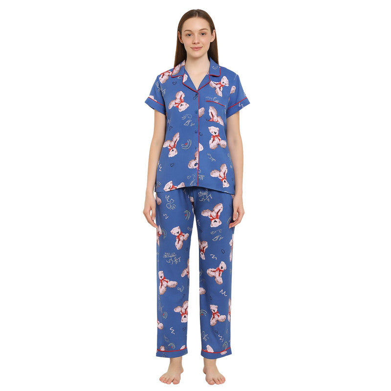Spenca Rayon Women Front Open Night Suit Blue