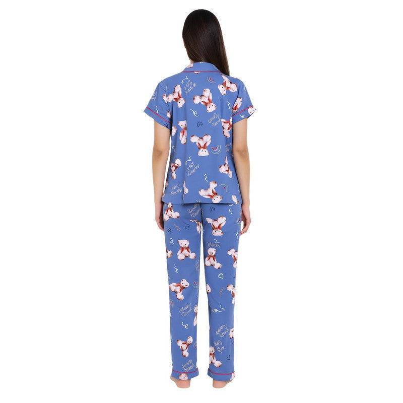 Spenca Rayon Women Front Open Night Suit Blue