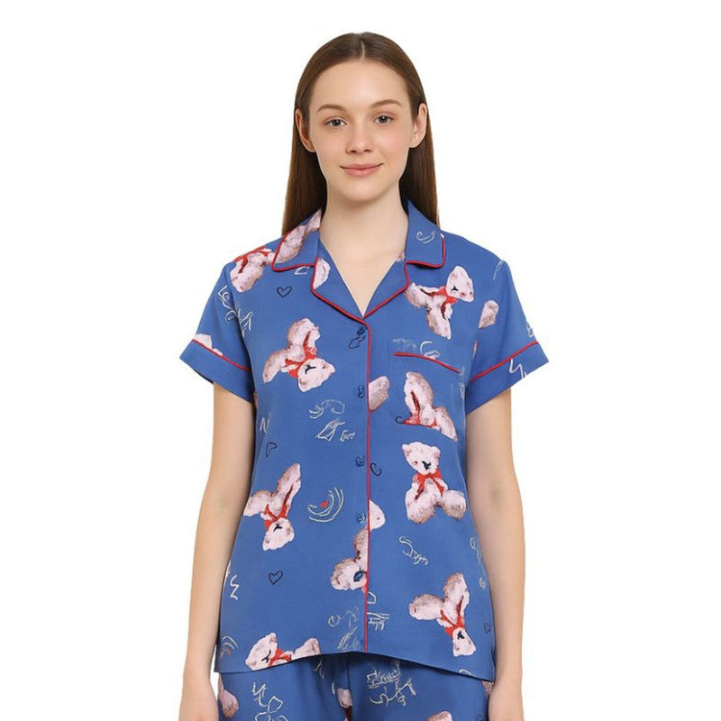 Spenca Rayon Women Front Open Night Suit Blue