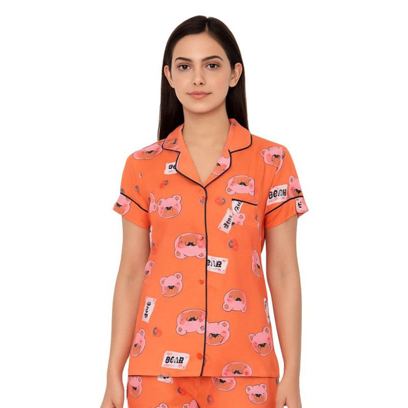 Spenca Rayon Women Front Open Night Suit Orange
