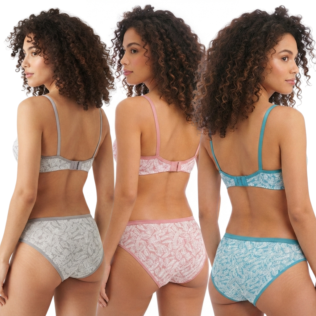 Goodwill Stretchable Non Padded Non Wired Mid Rise Brief Printed Lingerie Set Pack Of 3 Assorted Colors