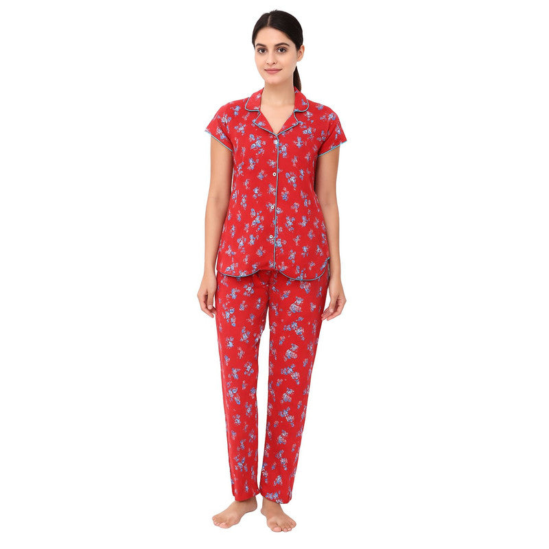 Spenca Cotton Women Printed Front Open Night Suit Free Size Maroon