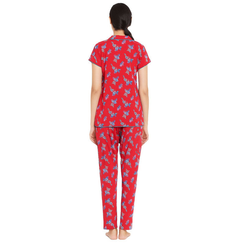 Spenca Cotton Women Printed Front Open Night Suit Free Size Maroon