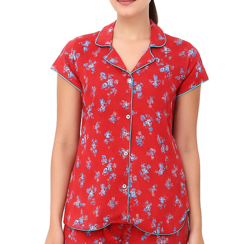 Spenca Cotton Women Printed Front Open Night Suit Free Size Maroon