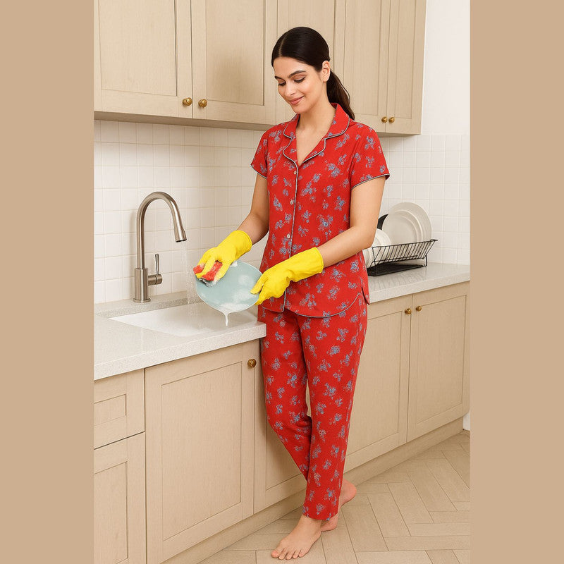 Spenca Cotton Women Printed Front Open Night Suit Free Size Maroon