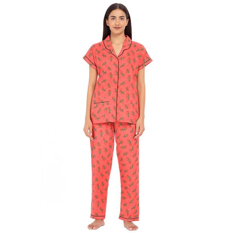 Spenca Cotton Women Printed Front Open Night Suit Free Size Peach