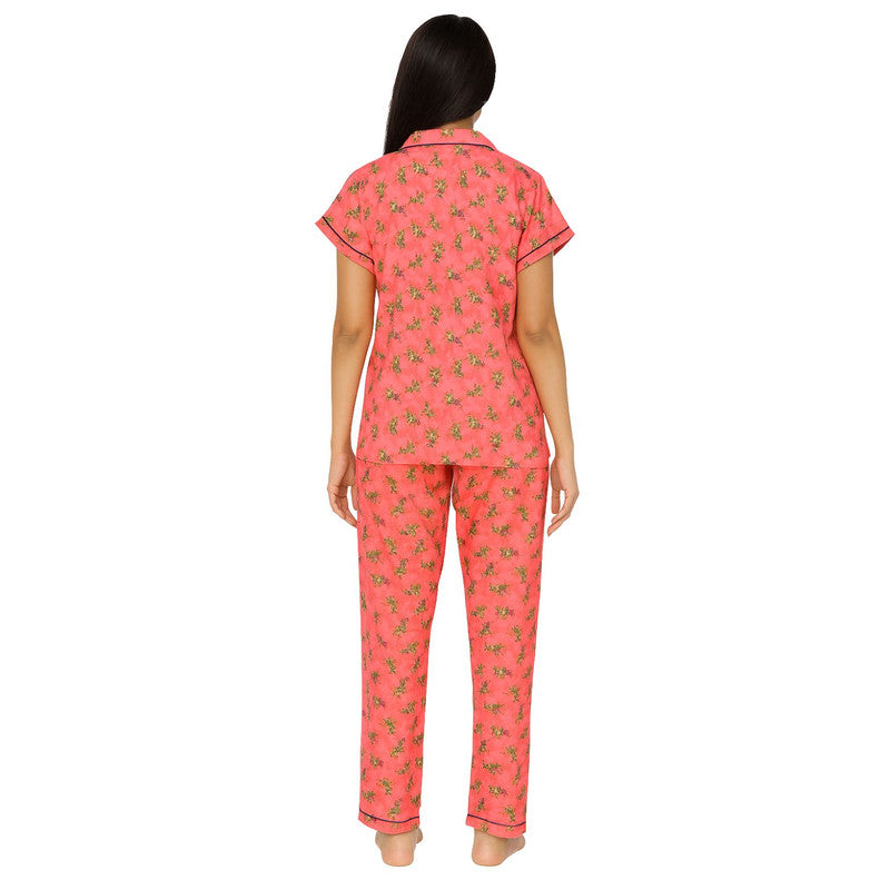 Spenca Cotton Women Printed Front Open Night Suit Free Size Peach