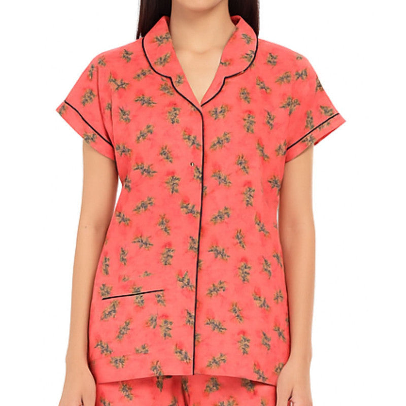 Spenca Cotton Women Printed Front Open Night Suit Free Size Peach