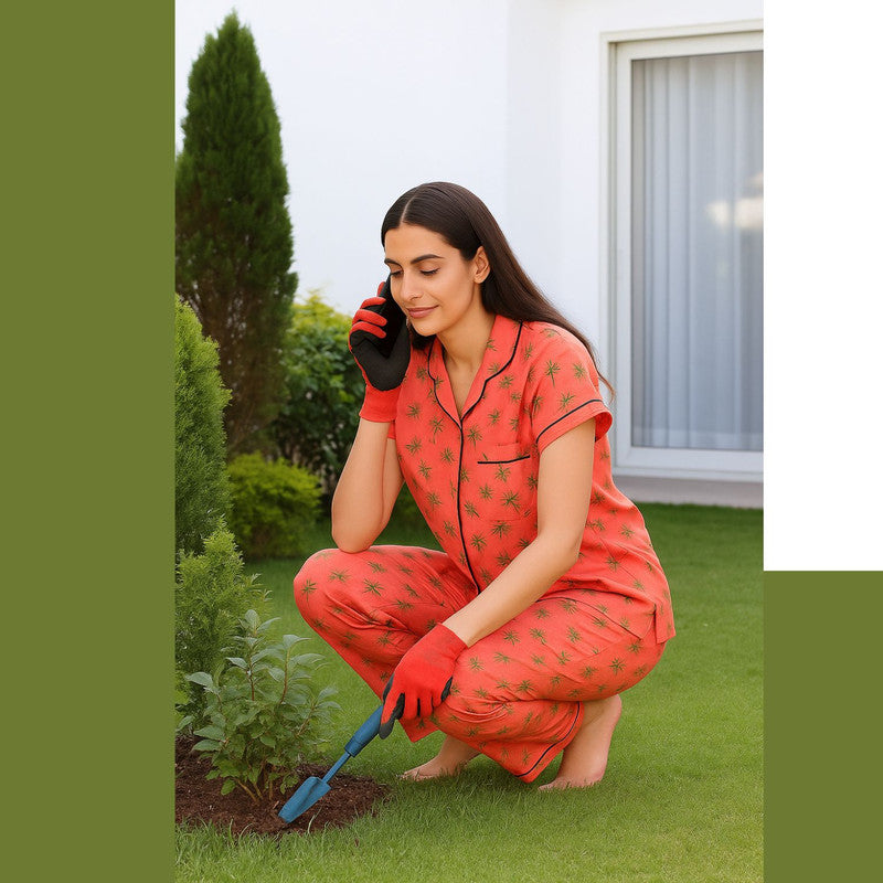 Spenca Cotton Women Printed Front Open Night Suit Free Size Peach
